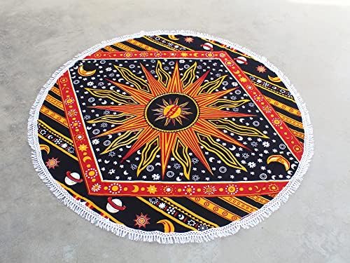 Round Beach Tapestry Turquoise Mandala Throw/Boho Hippie Beach Blanket Roundie/Indian Cotton Bohemian Large Round Table Cloth-Home Decor/Yoga Mat Meditation Picnic Rug (42", Yellow)