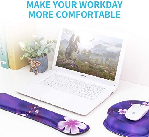 Ergonomic Keyboard Mouse Pad Wrist Rest Support Set for Laptop/Computer/Desktop,Memory Foam Hand Rest Wrist Cushion for Gaming/Office,Lightweight Comfortable & Pain Relief (Purple, Flower)
