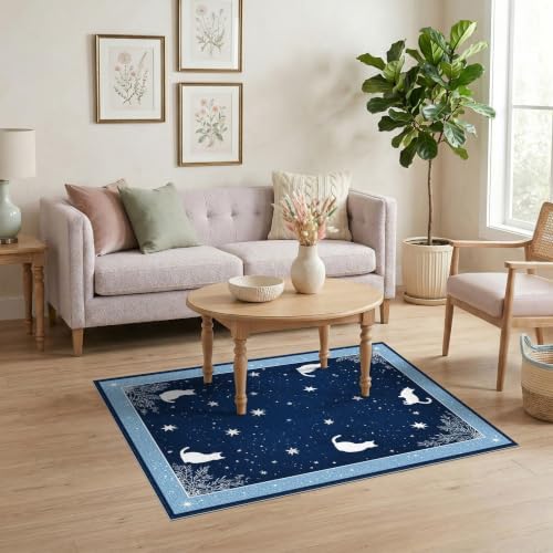 4'x6' Midnight Blue Cat Starry Design Washable Area Rug