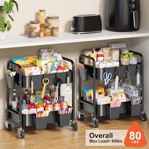 2 Tier Small Rolling Cart Metal with Wheels, Black Under Desk Storage Carts