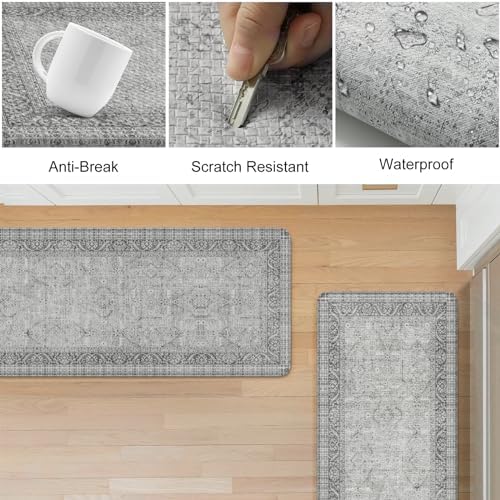 KIMODE Anti Fatigue Kitchen Mat 2PCS,Waterproof Farmhouse Kitchen Rugs Grey