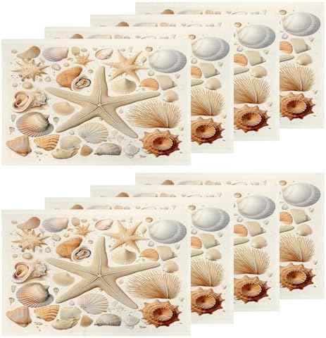 Shrahala Seashells Starfish Set of 8 12 X 18 Inch Linen Placemats, Beach Collection Burlap Table Mat Washable Double Layered Heat Insulation for Indoor/Outdoor