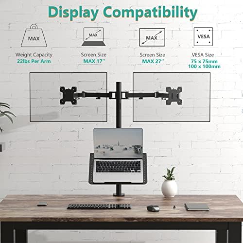 WALI Dual Monitor and Laptop Stand for 17" Notebook and 27" Screens