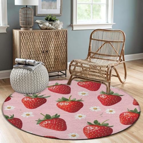 Soft Round Yoga Carpet, Large Home Decor Mat, Non Slip Machine Washable Kitchen Office Circle Rug Daisy Floral Pink Strawberry