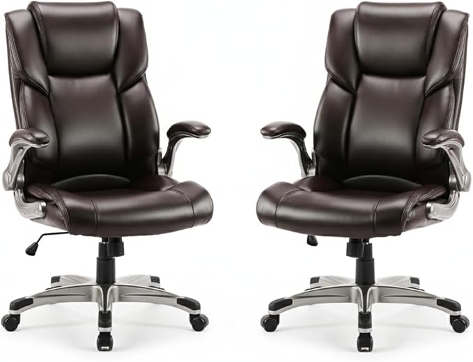 Ergonomic High Back Executive Office Chair with Adjustable Lumbar Support, Leather Office Chair with Flip-up Armrests, Swivel Computer Task Chair for Home Office Workstation, Brown,Set of 2