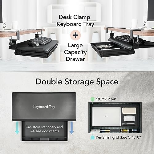 EHO Keyboard Tray with Drawer - Clamp On Under Desk Pull Out Extender Table Attachment Platform with Storage Organizer, Large 27.5" (31.8" Including Clamps) x 12.2", Height Adjustable for Home Office
