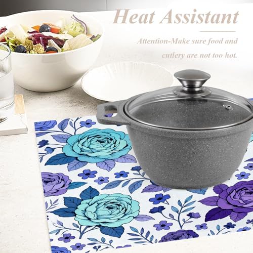 Shrahala Cobalt Blue Floral Orientalism Flower Placemats, Set of 4 (12 x 18 inch) for Valentine's Day