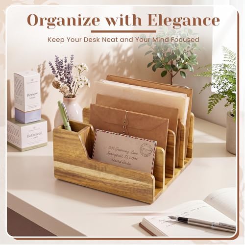 Novabright Acacia Wood Desk Organizer with Pen Holder, 5 Slot Mail Sorter