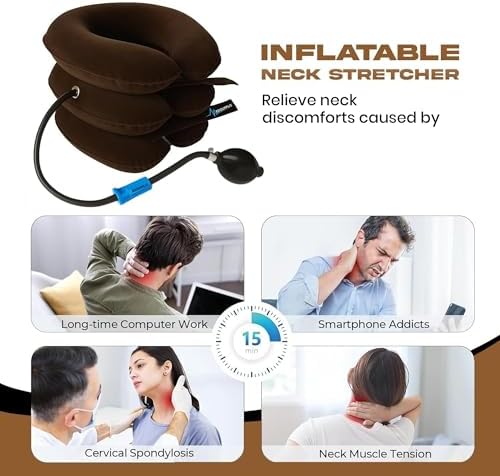 Neck Stretcher for Instant Neck Pain Relief - Neck Support Brace Adjustable & Inflatable Cervical Neck Traction Device - Neck Decompression Devices for Home Use (Brown)