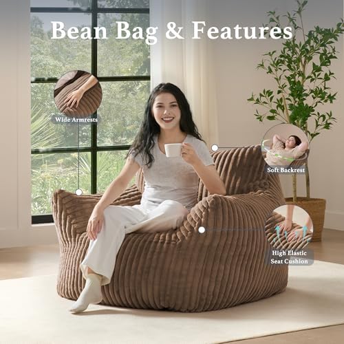 Giant Plush Bean Bag Chair for Adults with Armrests - Oversized Comfy Khaki Beanbag Lounge Lazy Floor Sofa Chair for Living Room, Bedroom & Dorm, Cozy Fluffy Single Cloud Mini Couch