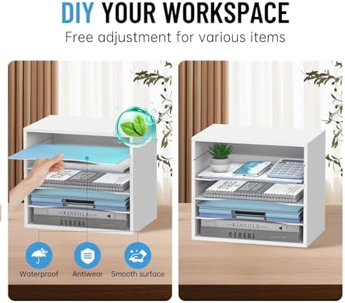 5-Tier Wood Desk Organizer, Paper Tray Organizer for Desk with Adjustable Storage Shelves, Desktop Mail Organizer and Paper Sorter Mail Holder for Office Home Classroom, White (Pack of 2)