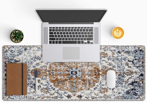 Mouse Pad Gaming, Large Mouse Pads, Non-Slip Rubber Base Mousepad, Keyboard Mouse Mat Desk Pad with Stitched Edges, 31.5x11.8 inch Carpet Pattern Boho Style Ethnic Design Orange Blue