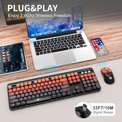 Orange Keyboard and Mouse Wireless,Retro Round Keys,for PC Laptop