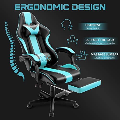 Ferghana Gaming Chairs, Ergonomic Racing Style PC Game Computer Chair with Headrest Lumbar Support Adjustable Recliner PU Leather Video Computer Chair(Lake Blue)