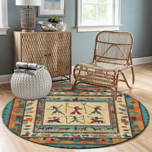 Machine Washable Modern Round Area Rug, Room Sofa Yoga Soft Round Carpet, Home Decor Non Slip Kitchen Office Circle Rug Southwestern Native American Indian, 60inch