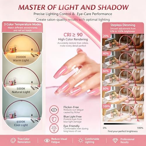 Half Moon Nail Desk Lamp, 23” Foldable Nail Tech Light, 10-Level Dimming & 3 Color Temperatures, Pink Arch Light for Manicure, Eyelash, Tattoo & Skin Care