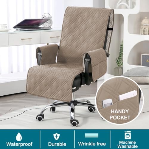 Turquoize Waterproof Office Chair Cover with Armrest Covers Computer Desk Chair Cover Office Chair Protector with Arms Office Chair Seat Cover Slipcover with Anti-Slip Buckle for Home Office, Taupe