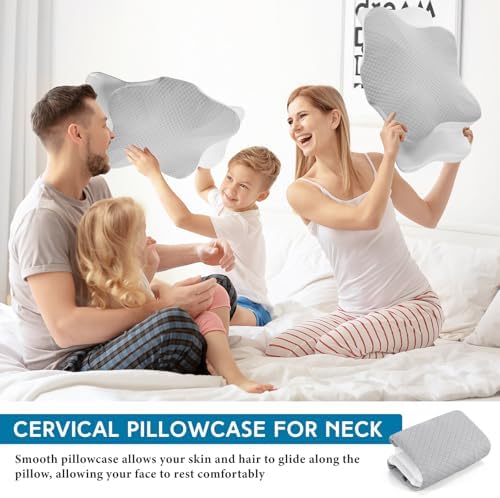 HunnmingRe Pillow Case for Cervical Neck, White, Light Gray, Queen Size