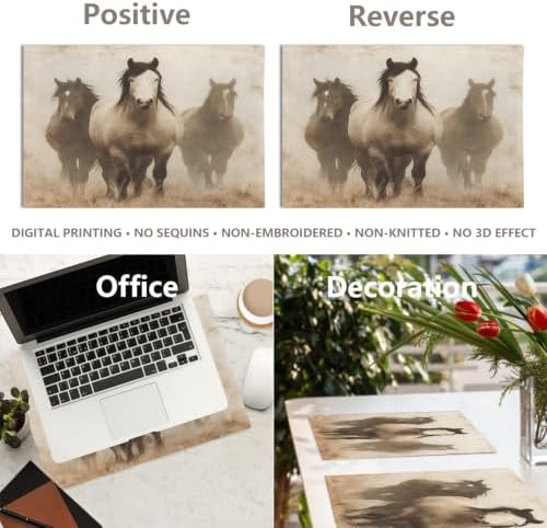 Faded Horses Placemats, in Sepia Field Place Mats for Dining/Kitchen Table Waterproof Washable Linen Heat Insulation Dinner Table Mats 12X18 in 6 Pcs