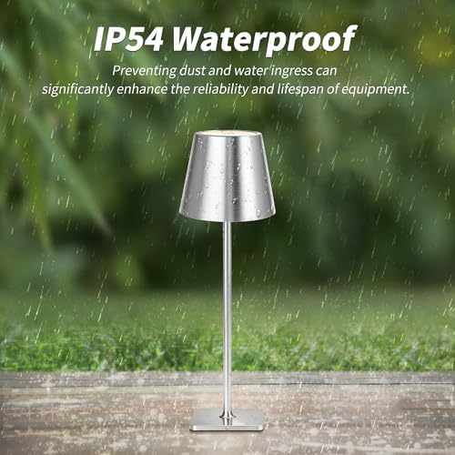 Mr. White Outdoor Waterproof Cordless Wireless Rechargeable Portable Top Touch Battery Operated Powered LED Table Lamp Desk Lamp Lights for Restaurant Kitchen Patio Dinner Dining (Nickel)