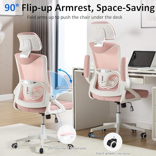 Fizzin Ergonomic Office Chair,Ergonomic Desk Chair with Headrest Mesh Computer Chair with High Back Adjustable Lumbar Support, Rolling Swivel Chairs with Wheel Armrests for Home Office(Pink)