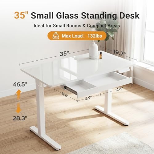 YDN Glass Standing Desk with Drawers 35x20 Inch Super White
