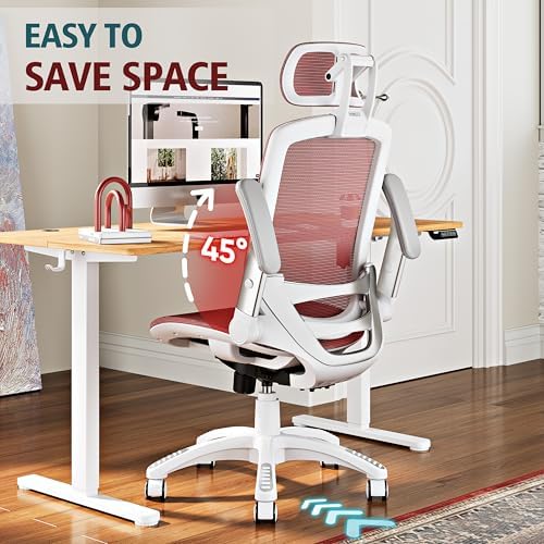 GABRYLLY Ergonomic Office Chair, High Back Home Desk Chair with 2D Flip-Up Arms, 3D Headrest, 90-120° Tilt and Wide Cushion, Big and Tall Mesh Chairs for Man Woman, Computer Task Chair Red