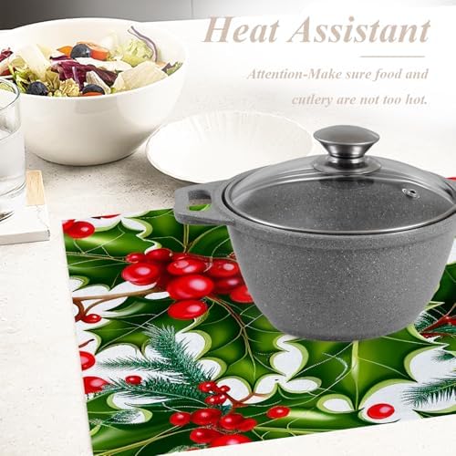 Shrahala Christmas Fir Branches Set Of 4 12 X 18 Inch Linen Placemats , Green Fir Branches Red Holly Berry Burlap Table Mat Washable Double Layered Heat Insulation For Indoor/Outdoor