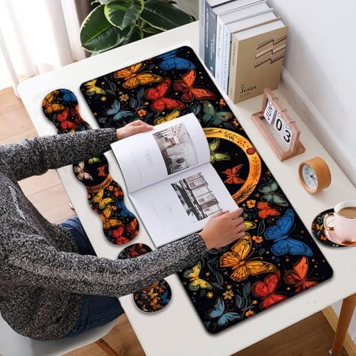 Mouse Pad Combo, Large Gaming Mouse Pad + Keyboard Wrist Support + Mouse Wrist Rest + Coaster, Table Pad 31.5 "x 11.8" with Memory Foam Ergonomic Wrist Pad Set, Colorful Butterfly Moon Pattern