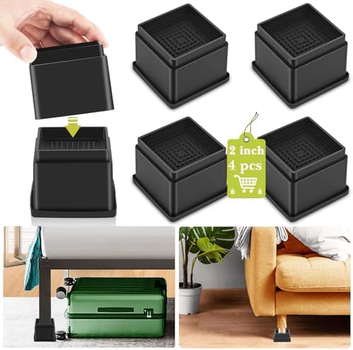 4 Pack Furniture Risers 2 Inch, Adjustable Bed Risers Heavy Duty for Table Desk Couch Chair Sofa Cabinet Bed Frame Dorm, Square Stackable Table Leg Risers Lift Height 2" or 4", Black
