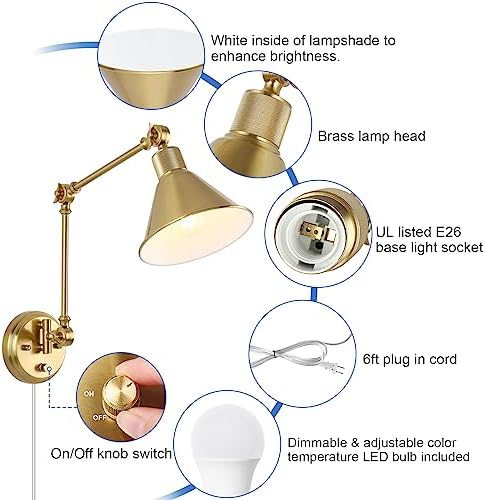 TRLIFE Wall Sconce with Remote Control, Brushed Brass Plug in Wall Sconces Dimmable and Adjustable Color Temperature 2700K-6000K, Swing Arm Wall Lights with Plug in Cord, UL Listed(2 Pack, 2 Bulbs)