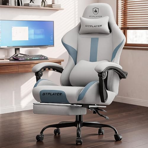 LUCKRACER Big and Tall Gaming Chair, 350Lbs Heavy Duty Office Chairs High Back Computer Chairs with Foot Rest Wide Cushion Lumbar Support Desk Chair Comfy for Adults Breathable Fabric, Light-Grey