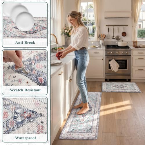 KIMODE Farmhouse Kitchen Mats, Anti Fatigue Kitchen Rugs Sets of 2 Blue
