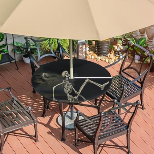 Outdoor Round Tablecloth with Umbrella Hole, Funny Skeleton Stretching Halloween Night Waterproof Table Covers 45-56 inch with Elastic Zippered Washable Table Cloths Mat for Picnic Patio Garden