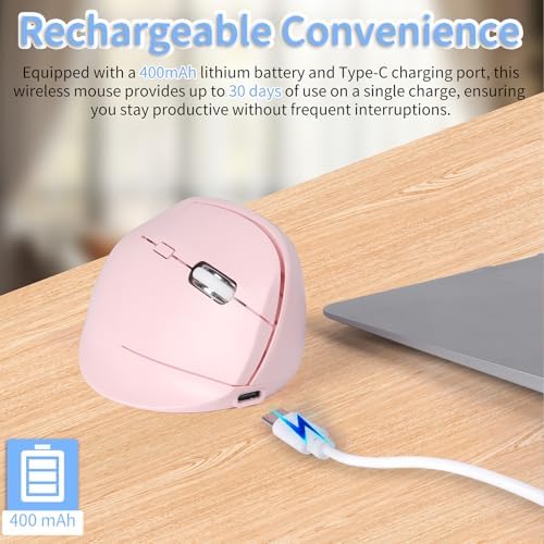 Bluetooth Wireless Vertical Mouse - Ergonomic Design, Rechargeable with Type-C, Silent Operation for Office and Home Use, Ideal for Professionals & Students (Pink)