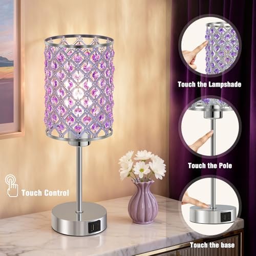 GyroVu Purple Crystal Bedside Table Lamps Set of 2 with USB C+A Ports