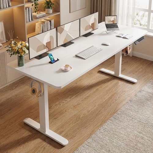 Electric Adjustable Height Standing Desk, 55×24 Inches Sit Stand Desk with Power Socket, 2 USB Ports, 3 Power Outlets, 4 Wheels,4 Memory Buttons Home Office Computer Workstations(White)