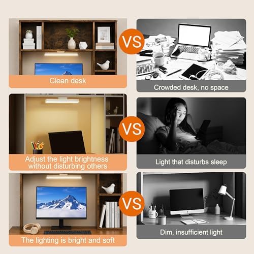 3 Tier Desktop Bookshelf with Rechargeable Eye-Friendly LED Desk Light, Desk Hutch Organizer with 5 Shelves, Wooden Desk Bookshelf for Office, Dorm and Small Space, Brown