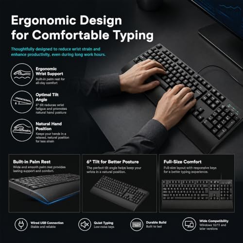 Wired Office Keyboard, Full Size 104 Key USB Computer Keyboard