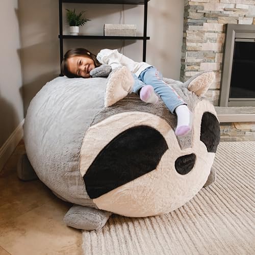 Big Joe Wild Things Foam Filled Animal Bean Bag Chair with Removable Cover, Rocky Raccoon Snugglepuff, Soft Faux Fur, 4 feet Big