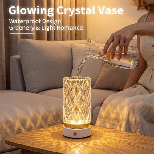 Crystal Table Lamp, Portable LED Bedside Lamp Touch Control, 3 Color Modes Dimmable, USB Rechargeable Night Light, Water Cup Design for Bedroom Living Room Home Decor