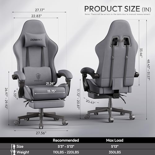 Dowinx Big and Tall Gaming Chair Fabric with Footrest Pocket Spring Cushion for Home Office, High Back Recliner Height Adjustable Ergonomic Comfy Cloth Computer Desk Chair, Grey
