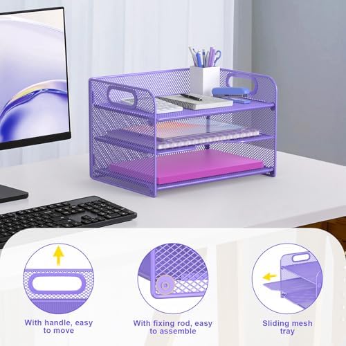 Samstar 3 Tier Purple Letter Tray Paper Organizer with Handle, Mesh Desk Organizer Paper Sorter File Rack Shelves, Purple
