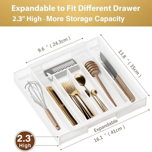 Sedegn Expandable Kitchen Utensil Organizer - 9.6" to 16.1" Adjustable Cutlery Tray with 5-7 Compartments - Fits Various Drawer Sizes & Holds Large Ladles Spatulas Forks Spoons & Knives White