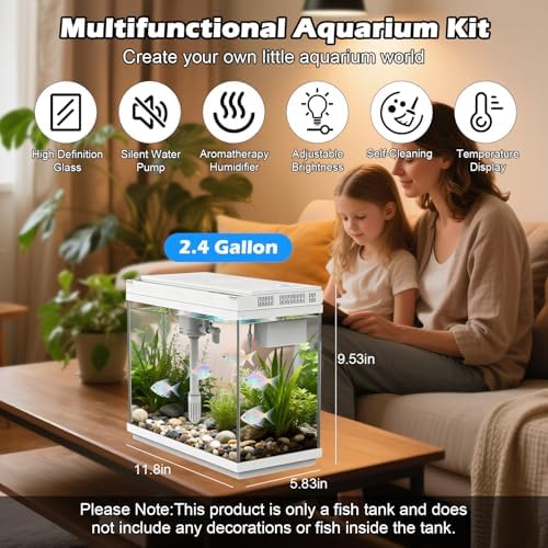 Smart Aquarium Fish Tank with Silent Water Pump, 2.4 Gallon Small Aquarium with Quick Start Kit, Temperature Display, Humidifier and RGB Lights, Perfect for Home, Office, and Decor, White