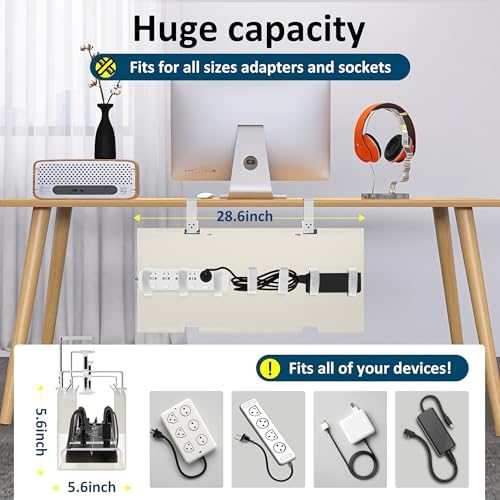 28" Small Under Desk Cable Management Tray No Drill, Compact Clamp On Cord Organizer for Dorm & Small Desk, Anti-Sag Oxford Fabric Wire Hider, Power Strip Holder (Beige, 28.6")