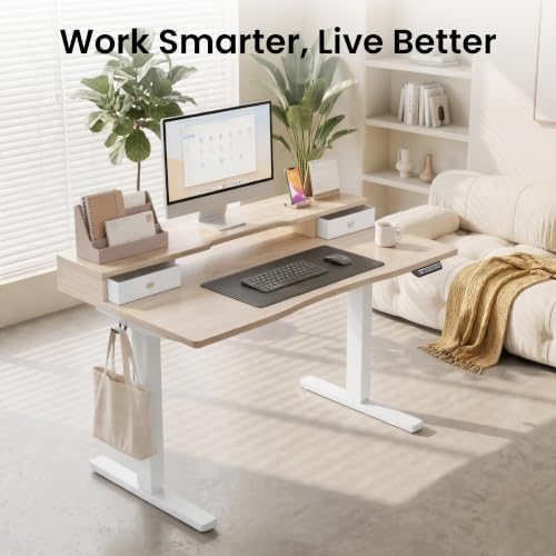 Realbear 55x26 Inch Electric Standing Desk with Drawers, Maple