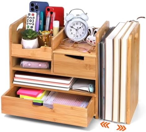 ZOOFOX Bamboo Desk Organizer with Adjustable File Holder, Mail Organizer Countertop with Drawer, 4-Tier Desktop Organization and Desk Accessories for Home Office School Supplies, No Assembly Required