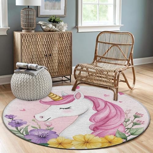 Fashion Round Area Rug Large Non Slip Carpet, Cute Pink Unicorns Unisex Home Decor Mat
