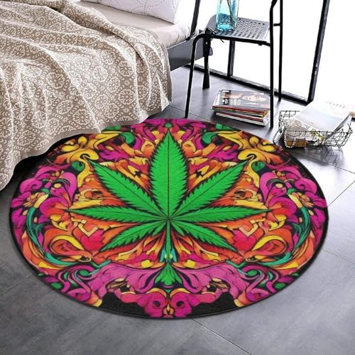 Large Round Area Rug Home Decor Modern Bathroom Rug Kitchen Office Circle Rug for Living Room Sofa Circle Cute Mat Trippy Green Weed Leaf Art, 60inch